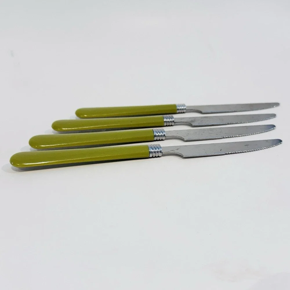 Set Of 4 Vintage MCM Serrated Knives Olive Avocado Green Stainless‎ Steel China
